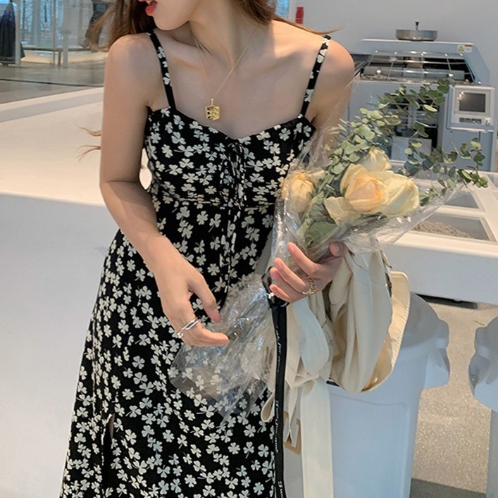 Plus-Size Spaghetti Strap Dress for Women, 2026 Summer French-Style Mid-Length Floral Dress, Suitable for Sanya and Thailand Beach Vacations