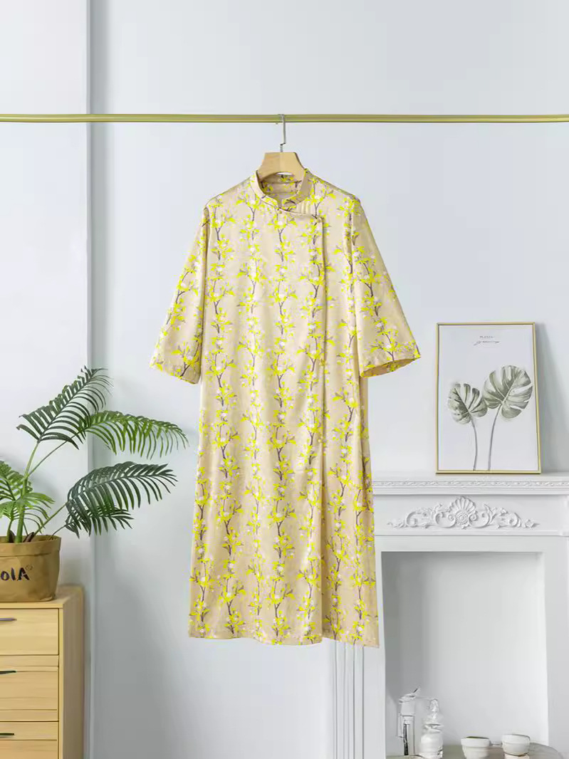 Silk Dress Women's National Style Stand Collar Printed Mulberry Silk Satin Skirt Mid-Length Loose Spring New Women's Clothing