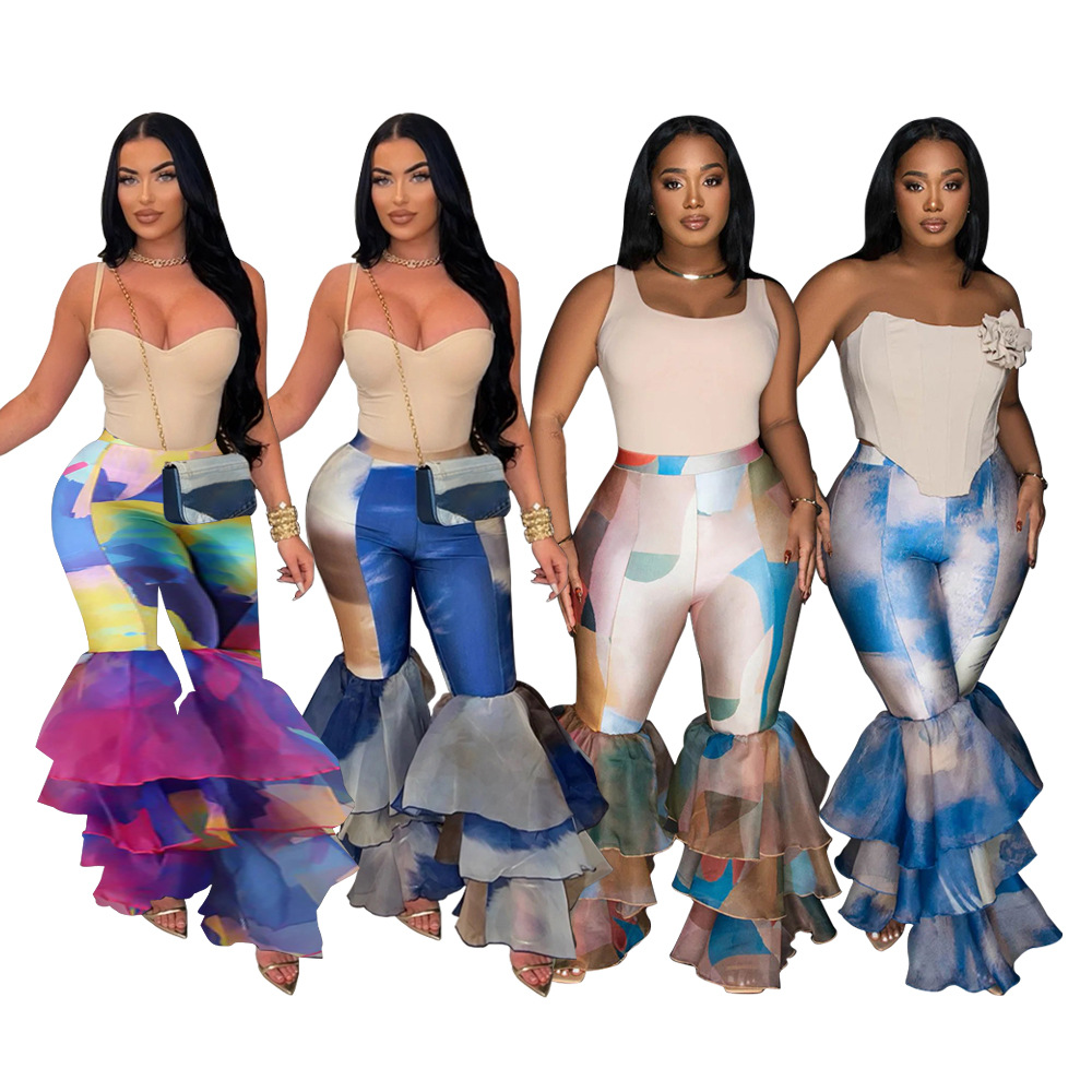 K10744 Amazon European and American women's clothing supply AliExpress explosion tie-dye printed flared pants ruffled women's pants new