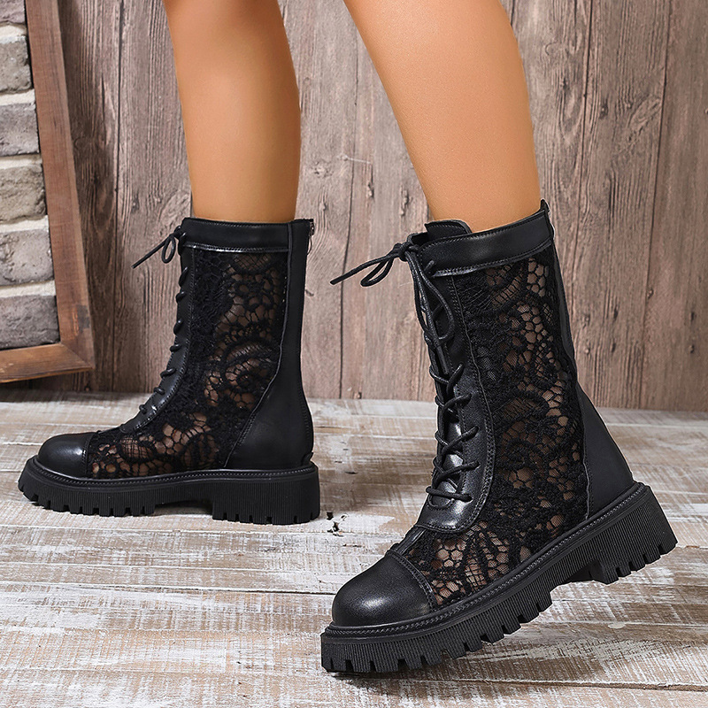European and American Style Mid-Calf Women's Boots 2025 New Lace Hollow-Out Lace-Up Thick-Soled Martin Boots for Women, Summer Breathable Fashion Boots
