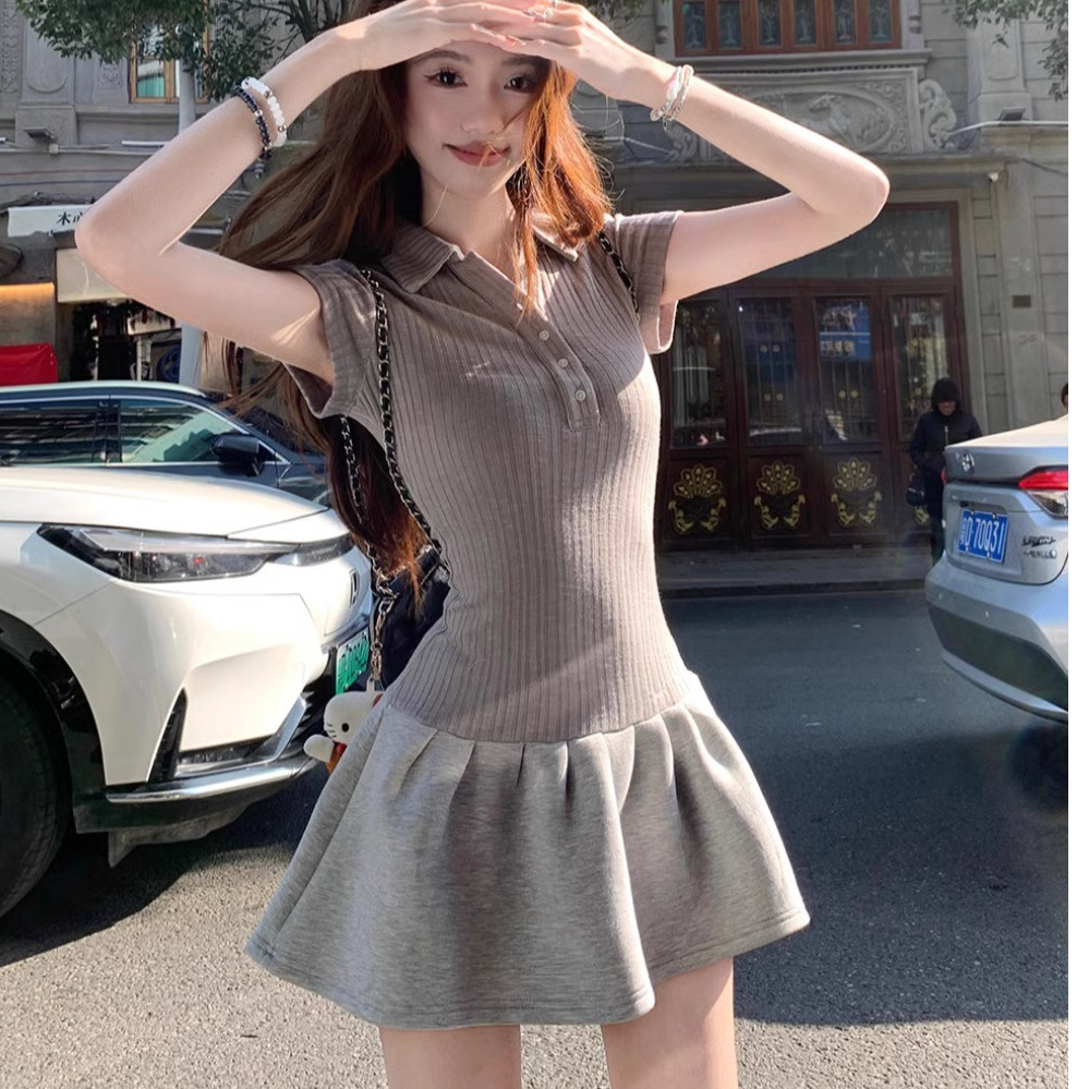 2026 Tennis Clothing Patchwork Lapel Short-Sleeve Dress Women's Summer Waist-Cinching Slim-Fit Petite Short Dress