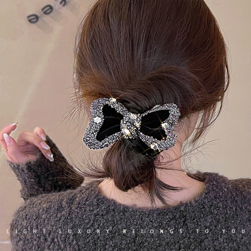 Red Velvet Rhinestone Bow Hair Rope Large Intestine Hair Ring Girl 2025 New Hair Rope Hair Accessories Headwear