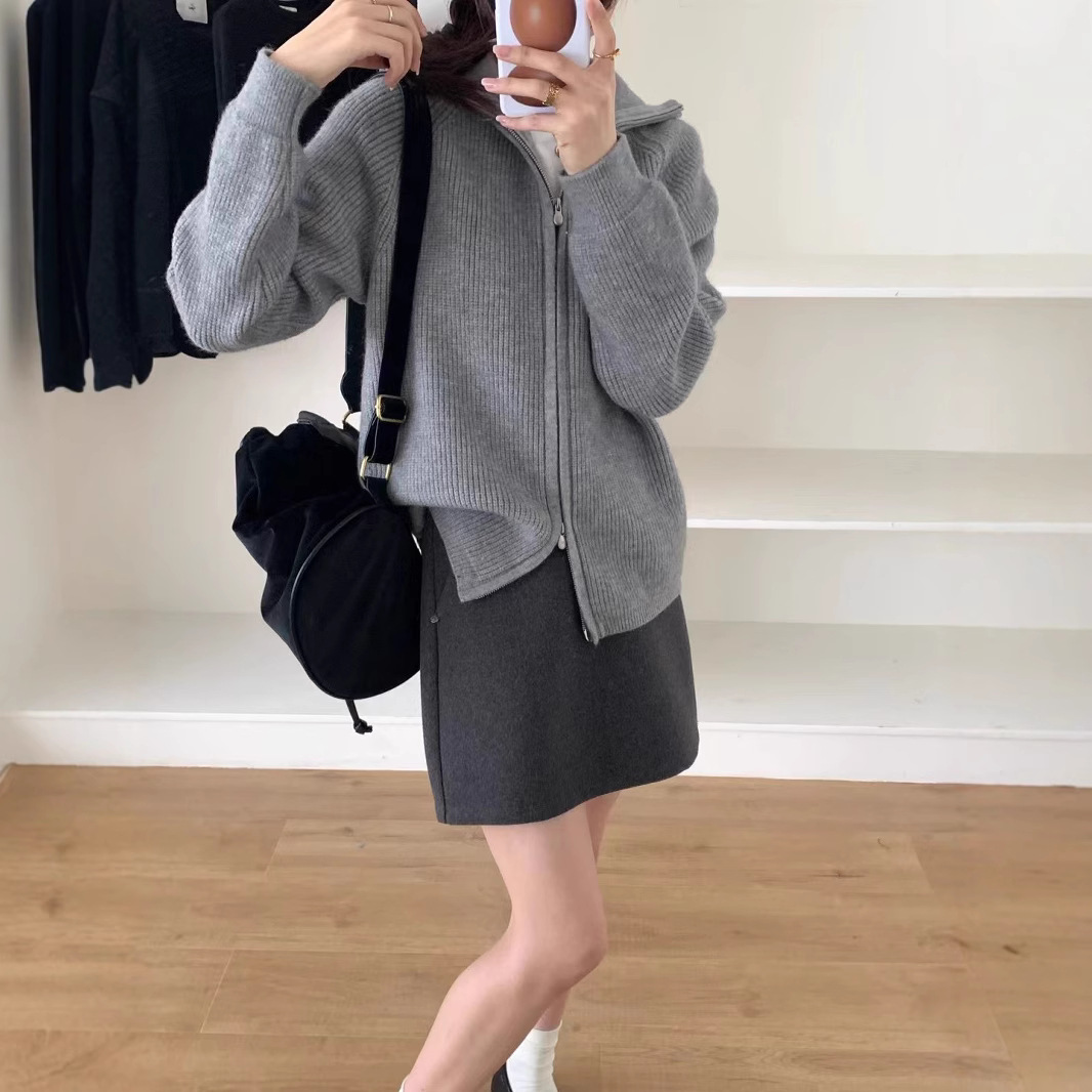 Egg Double Zipper Knitted Cardigan Women's Korean Style Chic Simple Autumn and Winter Thick Elegant Vintage Lapel Sweater Jacket