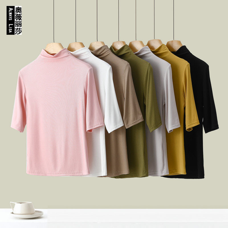 European thread half sleeve t-shirt for women 2024 New early spring slim-fit half sleeve half turtleneck bottoming shirt thin top