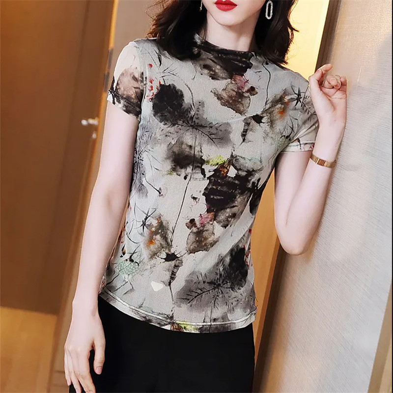 Summer New Style Half-High Collar Mesh Base Shirt for Women, Short-Sleeved Slim-Fit Chinese Style Printed T-Shirt, Stylish Short Top for Women