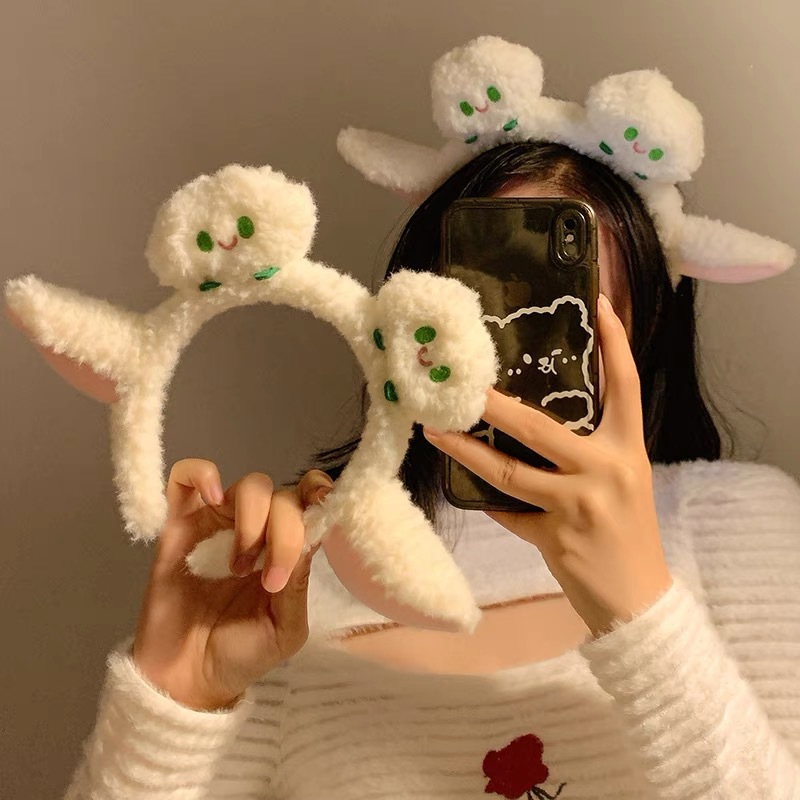 Cute Little Sheep Ears White Cloud Plush Face Wash Headband for Women to Apply Facial Mask Special Cartoon Hairpin Headband Hair Accessories