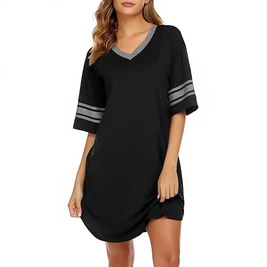 2026 Spring and Summer New European and American Foreign Trade Cross-Border V-Neck Patchwork Pajamas Casual Loose Home Dress Women's Clothing
