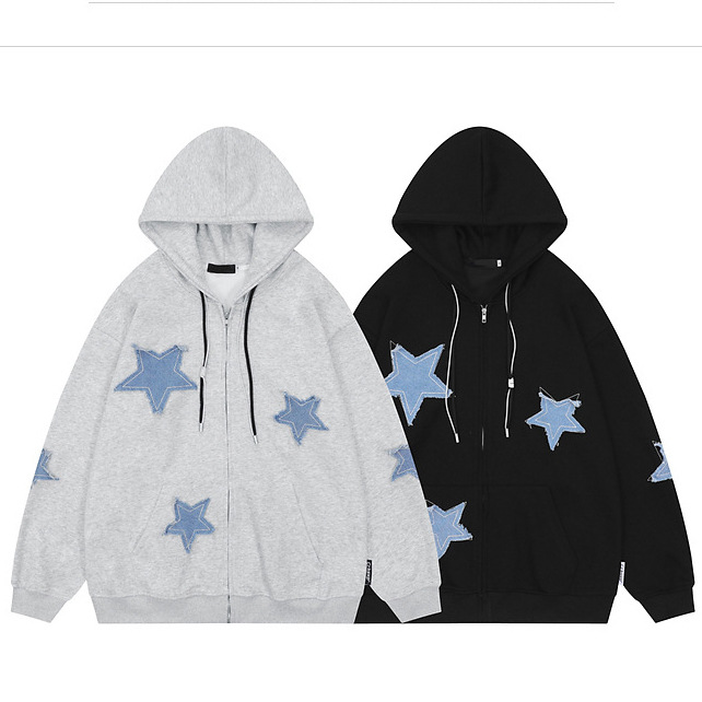 2026 European and American Retro Star Patch Hooded Sweatshirt Autumn Loose Casual Couple Cardigan Jacket Wholesale