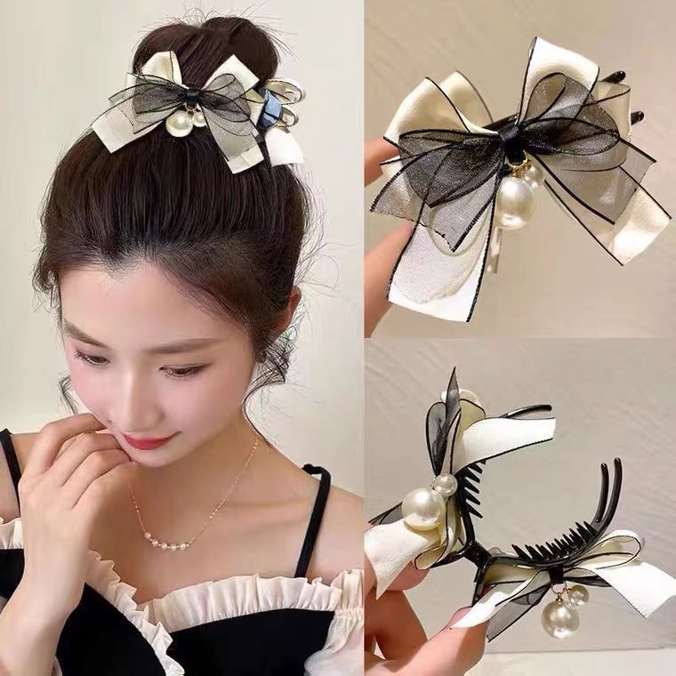 Lace Bow Pearl Grab Clip Elegant Elegant Shark Clip Headwear High-end Hairpin Back of Head Women's Hair Accessories