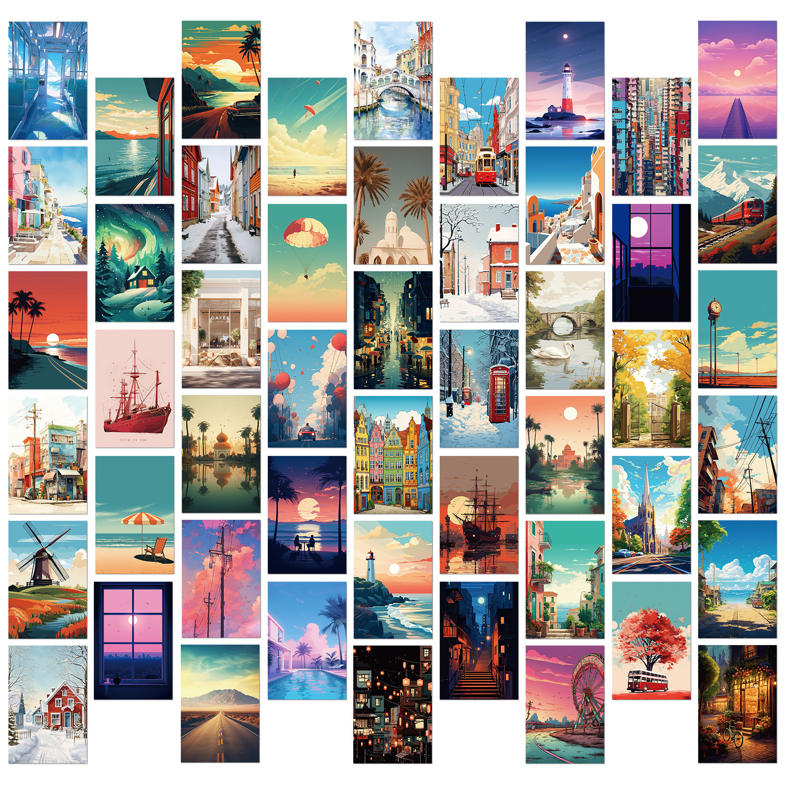 50 Cartoon Street Cards Landscape Series Postcards Ins Style Greeting Cards Artistic Wall Decoration Posing Cards