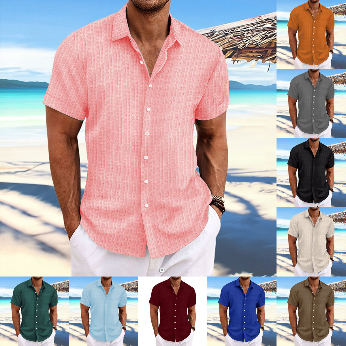 Foreign trade cross-border Amazon solid color jacquard wave stripe short-sleeved shirt European and American men's daily casual cardigan