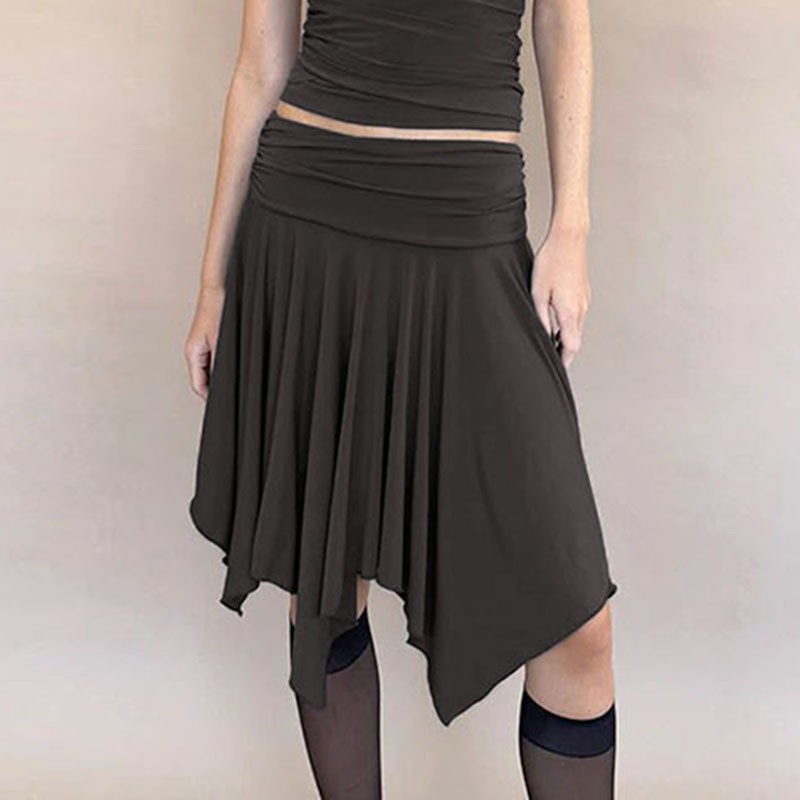 European and American Cross-Border Summer Retro Ruffled Irregular Skirt Low-Waist Pleated Versatile Elegant Solid Color Wholesale Women's Clothing