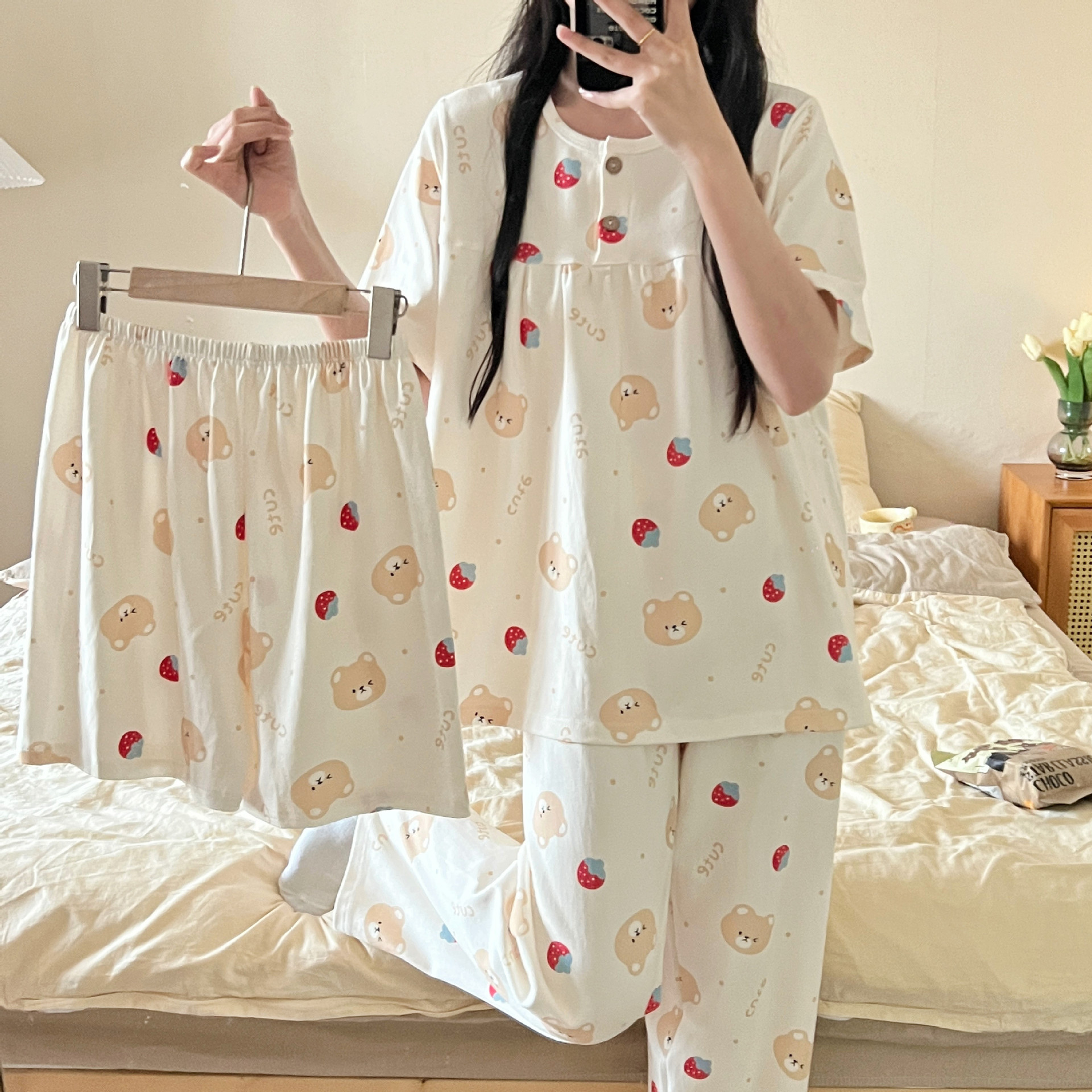 Imitation cotton three-piece pajamas women's spring and summer 2024 new bear pullover button short sleeve home clothing factory direct sales