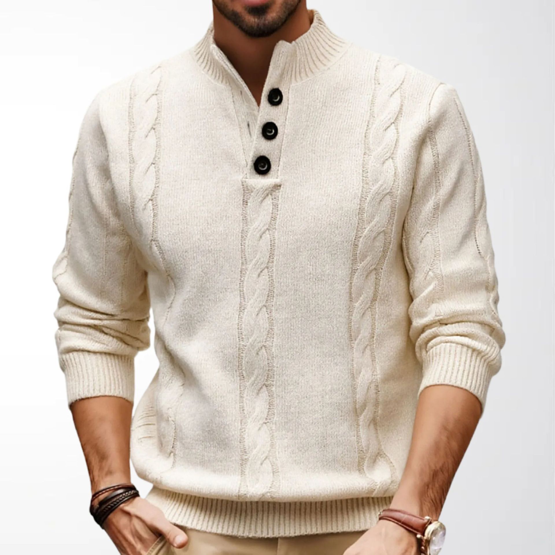 Foreign Trade Cross-Border Men's Spring and Autumn Cable Knit Sweater with Half-High Collar and Buttons, European and American Style Warm Knitwear Sy0017