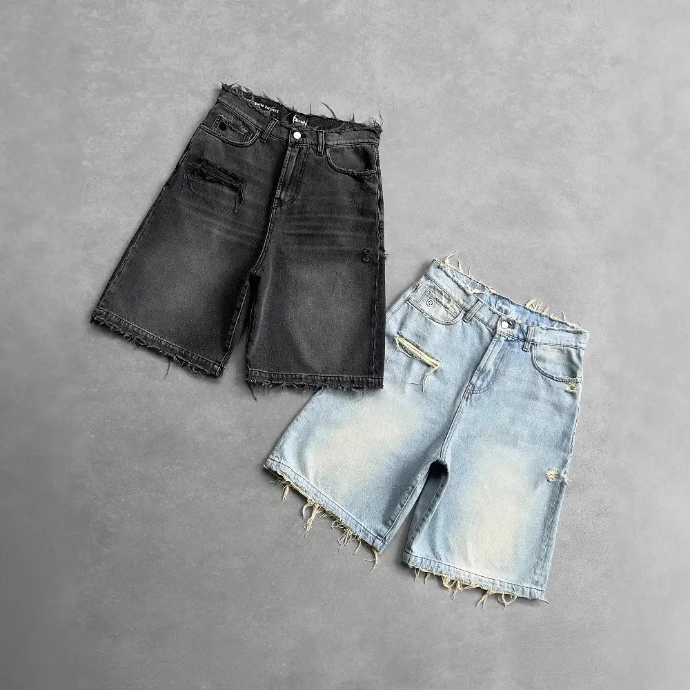 Cross-border American Retro Trendy Brand Rip Denim Shorts Men's High Street Embroidered Straight Pants Loose All-match Pants