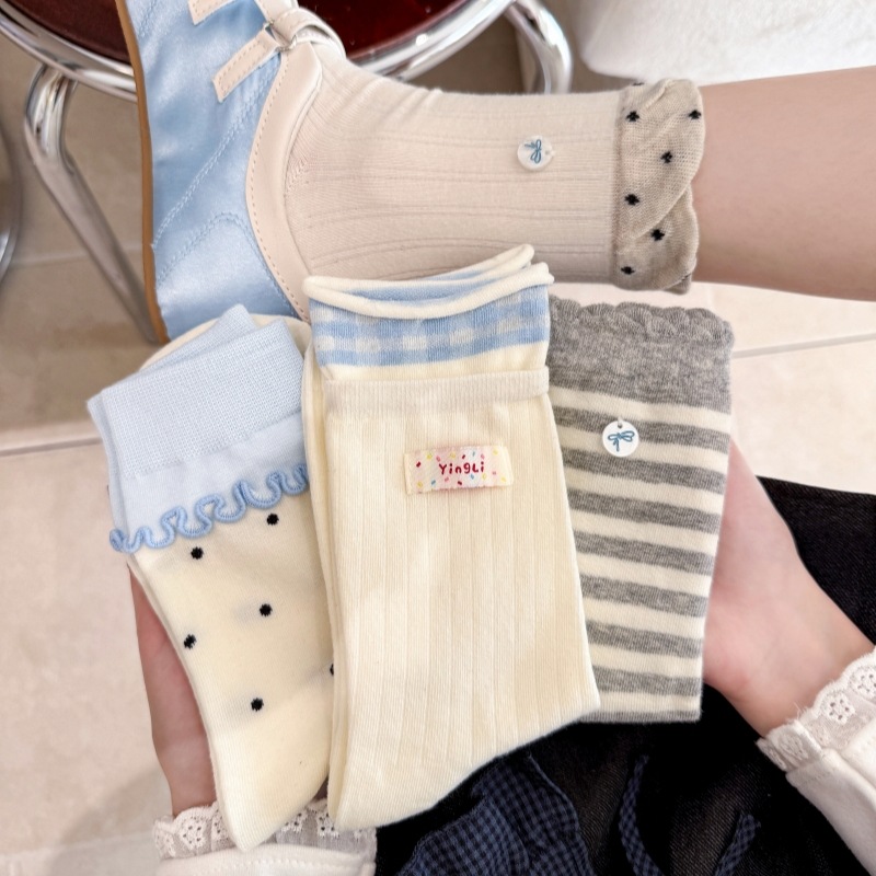 Rainbow Fabric Label Shell Bow Polka Dot Socks for Women Ins Korean Style Gray Blue Striped Ruffle Mid-Calf Slouch Socks