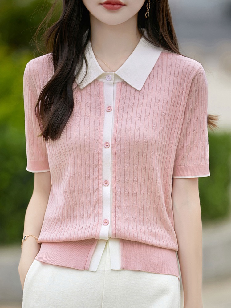 Wholesale New Summer Women's Knitted Short-Sleeved Mulberry Silk Tencel Polo Collar Cardigan Twist Color Matching Loose Top