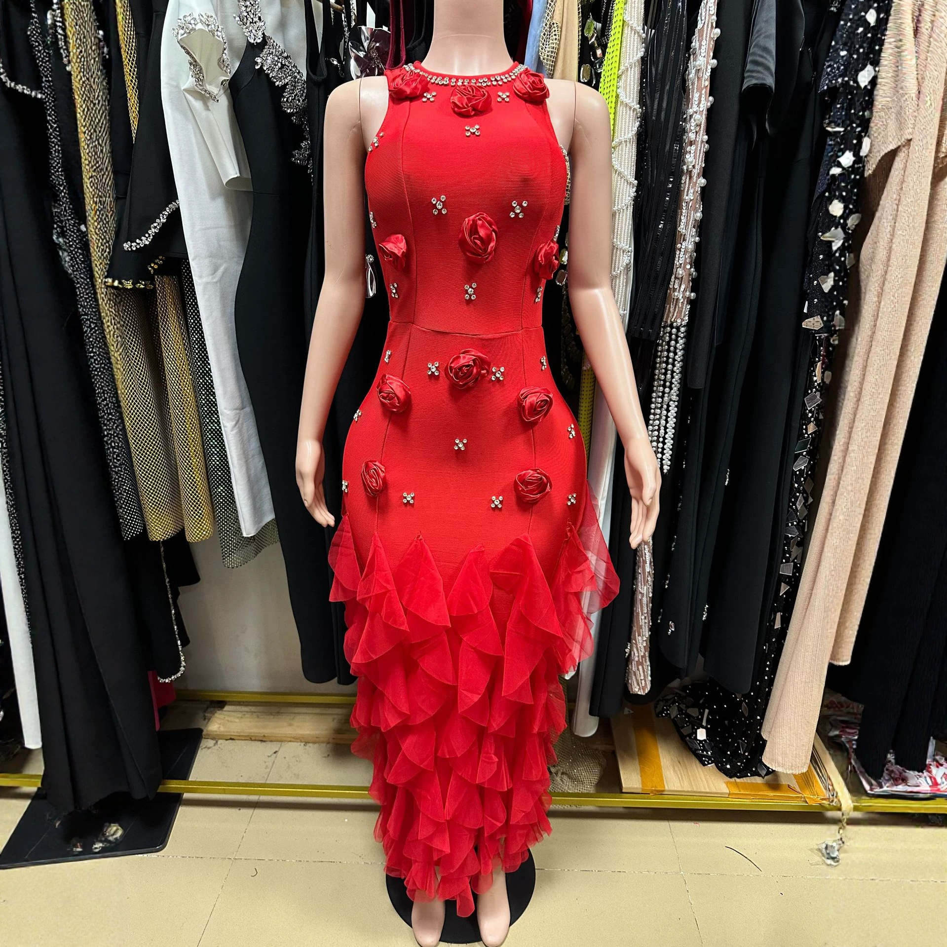 European and American Style Spaghetti Strap Rhinestone Lace Bodycon Evening Dress, Sexy Slim-Fit Bandage Sky Blue Long Dress, Fashionable
