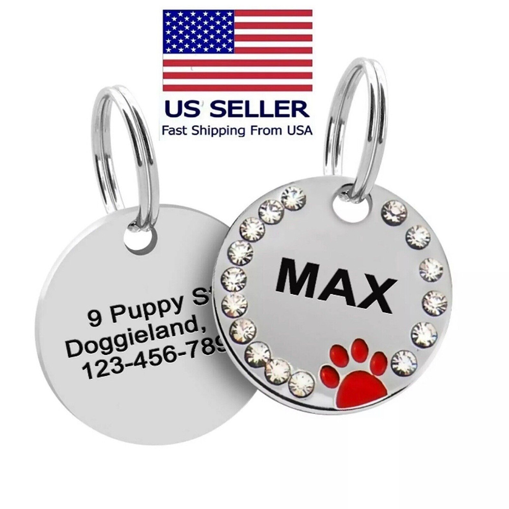 Simple Round Stainless Steel Dog Tag with Diamond-Encrusted Paw Print Jewelry, Pet Collar Pendant, Anti-Lost Engraved Nameplate, Cute