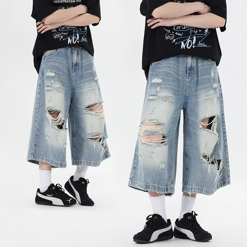 26 American-Style High Street Ripped Cropped Jeans for Men and Women, Loose Wide-Leg, Vintage Wash, Trendy Street Style, Slimming