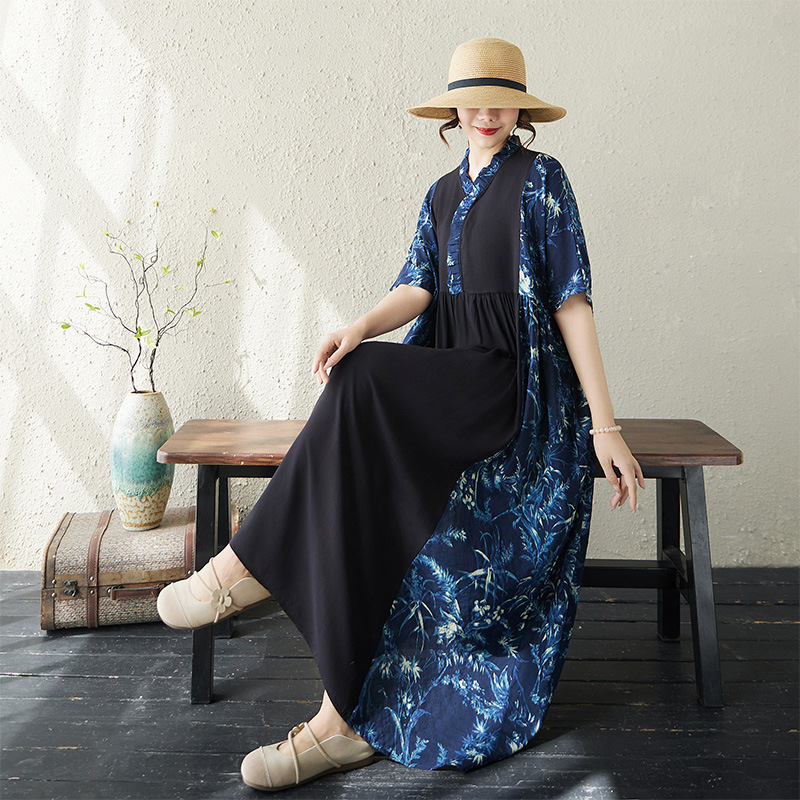 Elegant Irregular Ruffled Collar Vintage-Style Dress for Women, Loose Plus-Size, Tummy-Concealing, Slimming, Age-Reducing Long Dress
