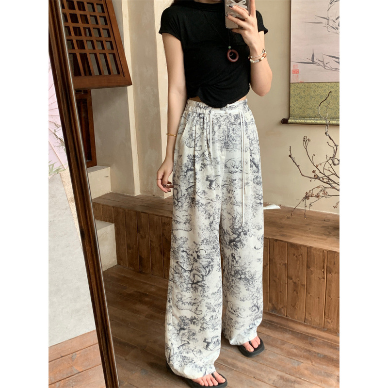 Chinese Style Ink Wash Tie-Dye Yamamoto Pants for Women, Summer Thin High-Waisted Casual Straight Pants, Lazy Style with a Cool Drape