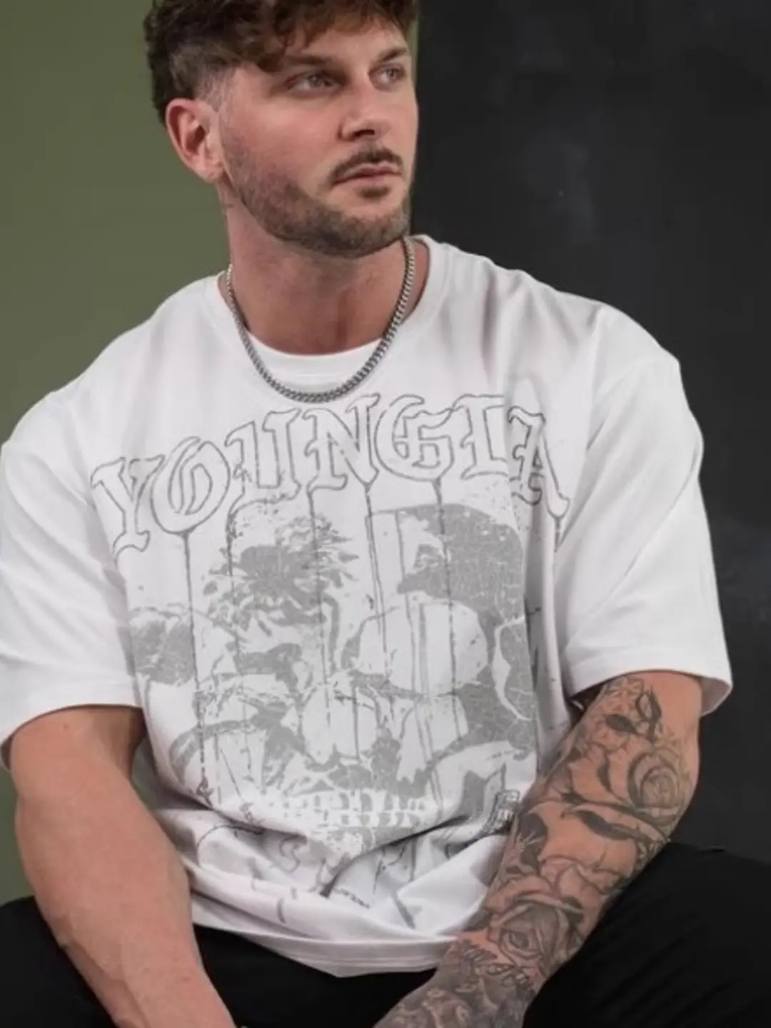Youngla Men's Oversized T-Shirt Cotton Round Neck Loose Short-Sleeved Gym Sports Fitness T-Shirt 240 Fabric