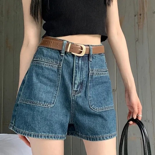 High Waist Denim Shorts Women's Casual New Korean Style Slimming Fashionable Design Wash Pocket Wide Leg A- line Hot Pants