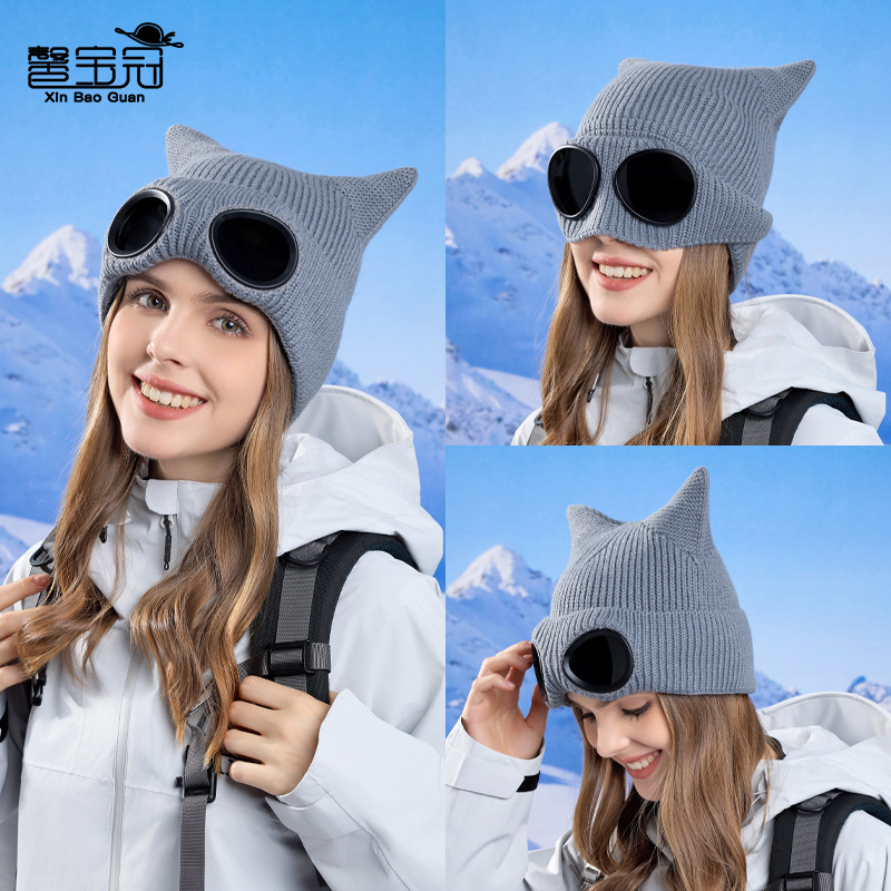 Autumn and Winter Windproof Glasses Hat Women's fleece-lined Warm Knitted Wool Hat Outdoor Ski Ear Protection Cap Cross-border