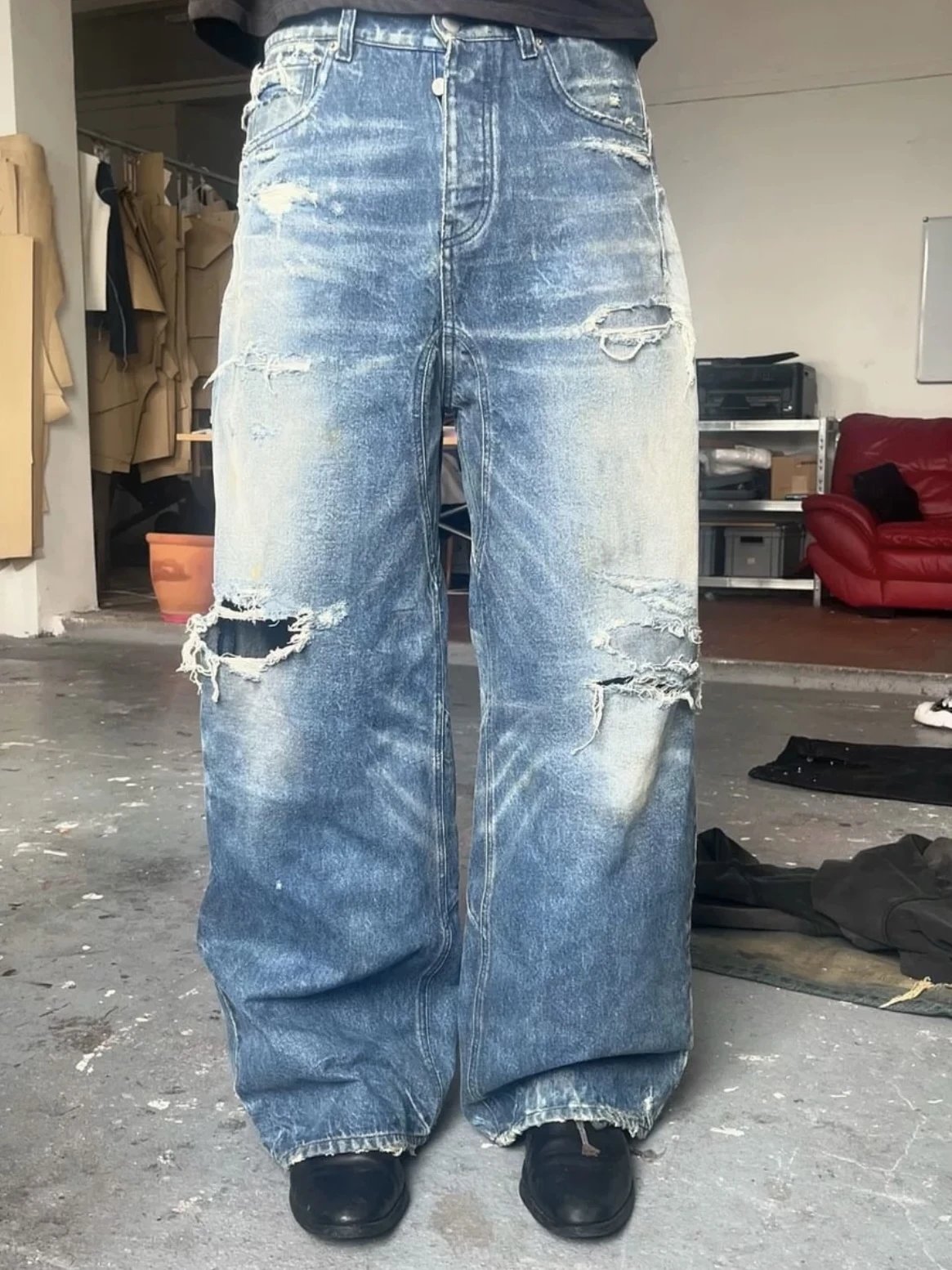 No/Faith Studios Frayed Holes and Dirty Pants Washed Blue Wide-Leg Scimitar Baggy Jeans for Men