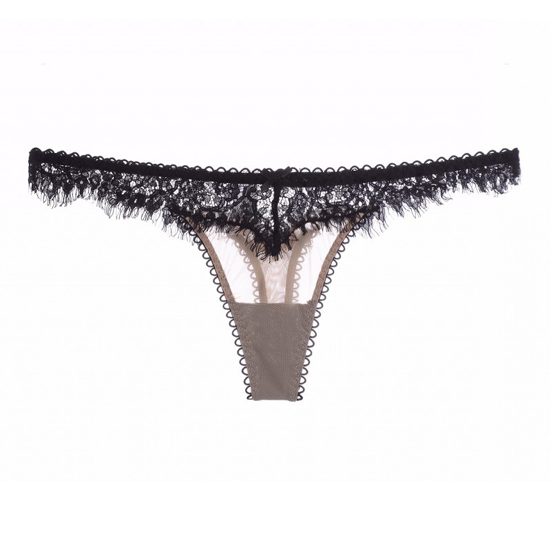 European and American eyelash lace sexy underwear women's low waist thong tulle cotton crotch T pants panties