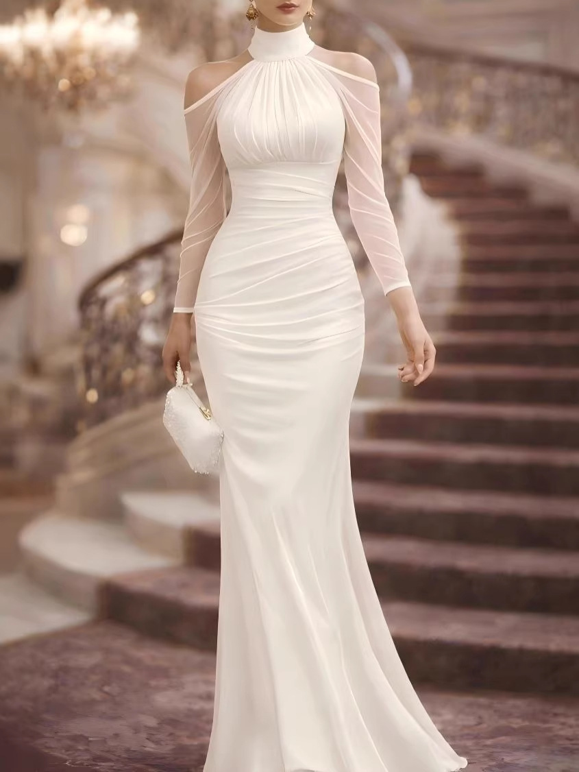 Women's Halter Neck Sexy Fashion Party Long Dress Amazon New Elegant Sheer Off-Shoulder Long Sleeve Evening Gown