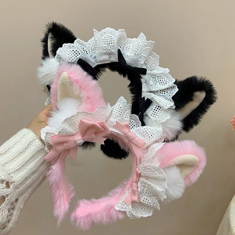 Plush Lolita Headband Women's Lace Bow Headwear Simulation Beast Ear Maid Corgi Hair Accessories Lolita Headband