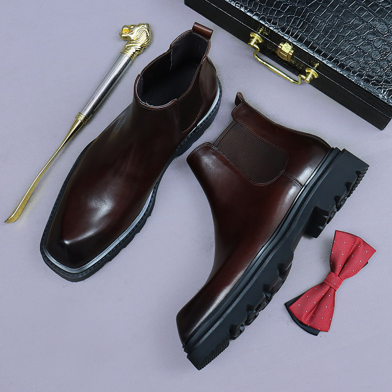 Martin Boots for Men, High-Top Shoes, Height-Increasing Chelsea Boots, Breathable Mid-Top Short Boots, Trendy Genuine Leather Work Boots, Thick-Soled