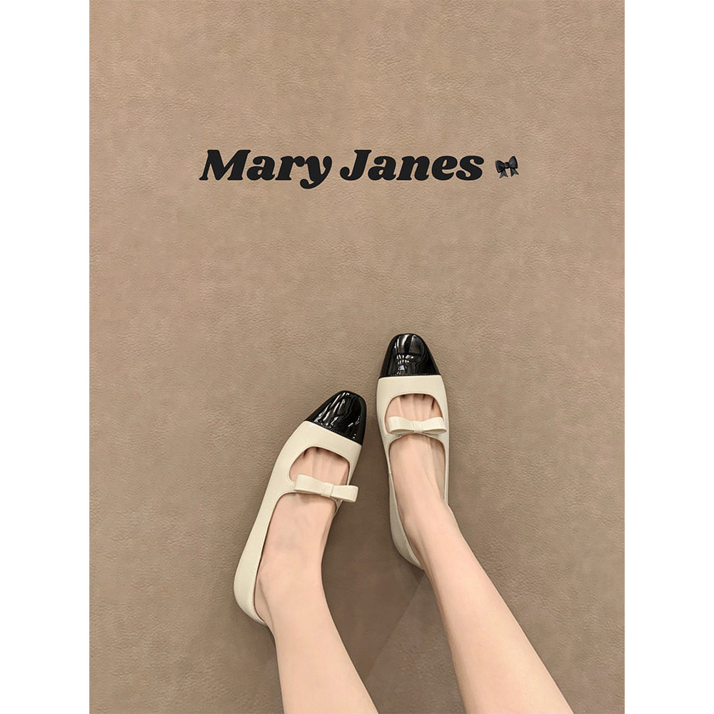 French-Style Square-Toe Shallow-Mouthed Flat Shoes for Women, Classic Color-Blocking, Chanel-Inspired Bow, Paired with a Dress, Ballet Mary Jane Shoes