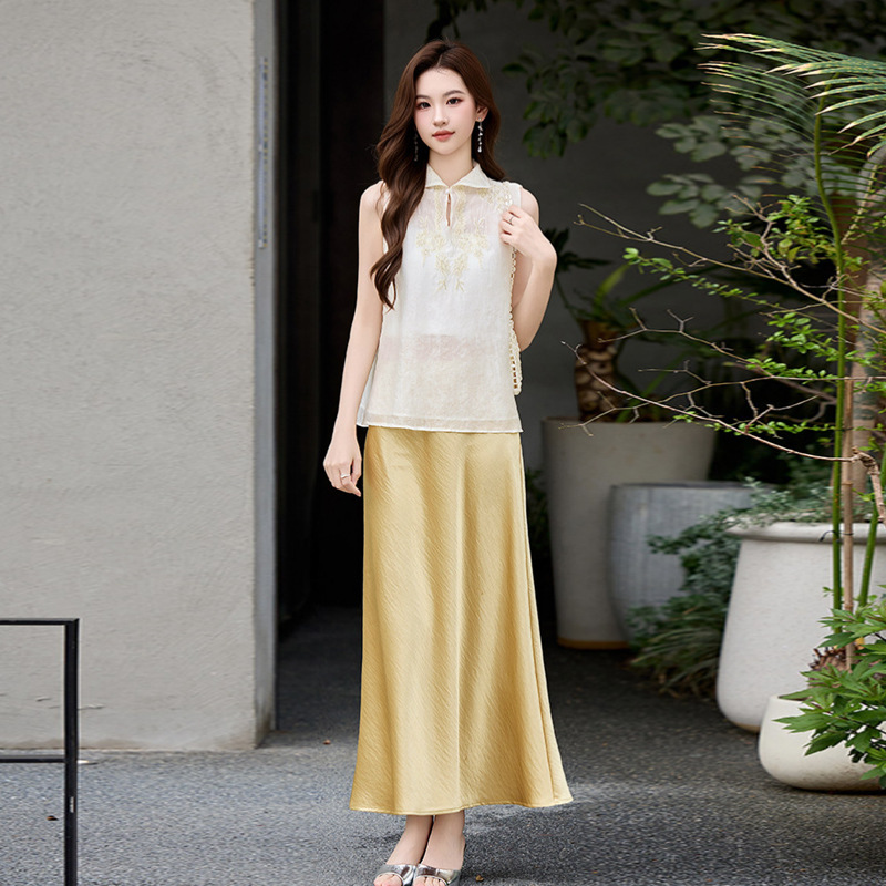 New Chinese-Style Embroidered Sleeveless Shirt and Skirt Set for Women, 2026 New Summer High-End Elegant Drapey Skirt Two-Piece Set