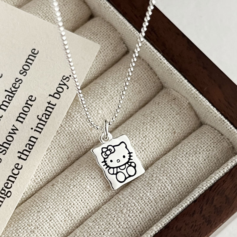 925 Sterling Silver Square Cat Necklace for Women Bright Silver Simple Cute Sweet Cartoon Childlike Clavicle Chain N7733