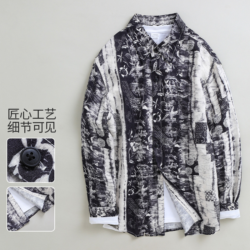 Spot Japanese Vintage Printed Long-sleeved Shirt Men's Loose Youth Artistic Casual All-match Top for 5082