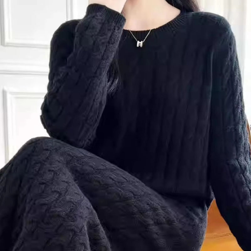 Mid-Length Round Neck Twisted Sweater dress Sweater Women's Loose All-Match Sweater Long Skirt