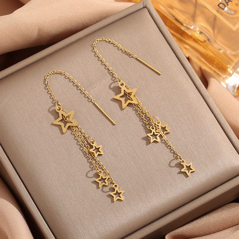 2023 Anti-fading Titanium Steel Star Ear Line Women's Long Tassel Elegant Five-pointed Star Earrings Not Allergic Elegant Slim Elegant