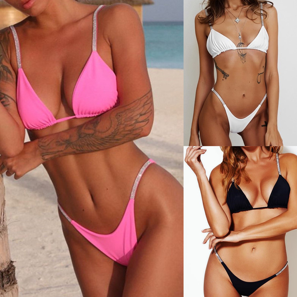 European and American New Diamond Bikini Sexy Hot Triangle Cup Solid Color Split Swimsuit Women's AliExpress Explosive Swimwear
