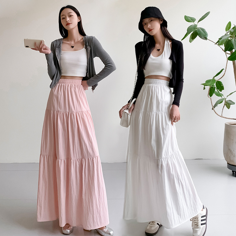 Gentle Style White A-Line Skirt for Women, Spring and Summer 2026 New High-Waisted Slimming Drapey Tiered Long Skirt