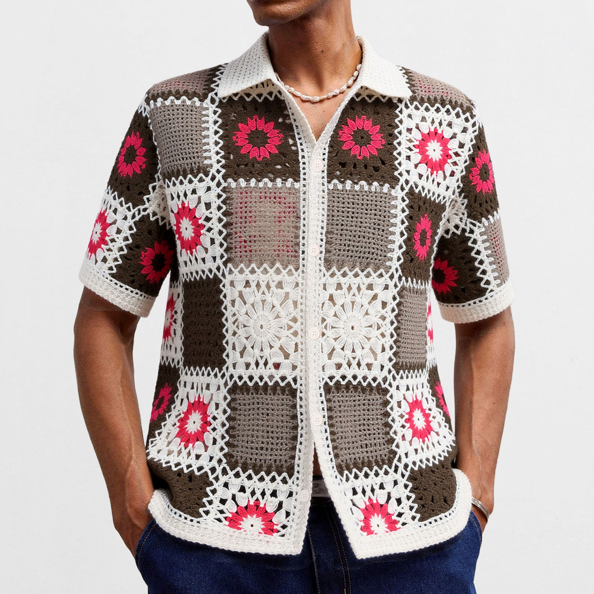 Cross-Border Men's Clothing American-Style Geometric Patchwork Hollow Crochet Knit Short-Sleeve Water-Soluble Cardigan Polo Shirt for Men Sy0029