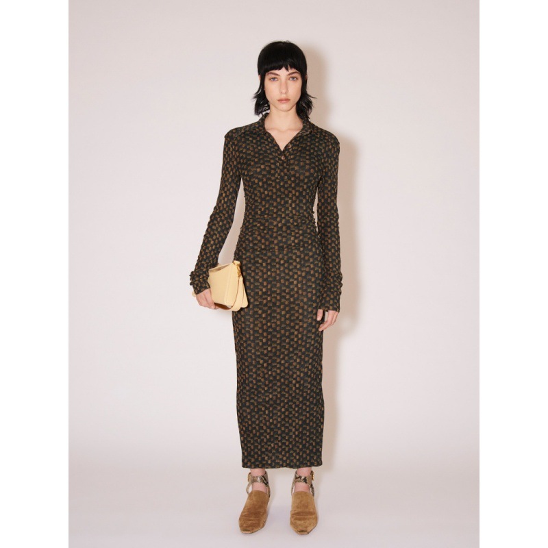 Longmei Checkerboard Slim-Fit Long-Sleeve Dress 2026 Early Spring New Nanu Style Commuter Bodycon Slit Long Dress