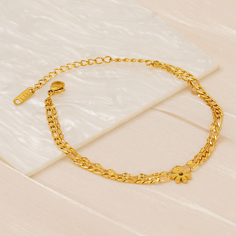 European and American Cross-border Hot Selling Titanium Steel Women's Double-layer Petal Bracelet Women's Stainless Steel Plated 18K Lip Chain Figaro Chain
