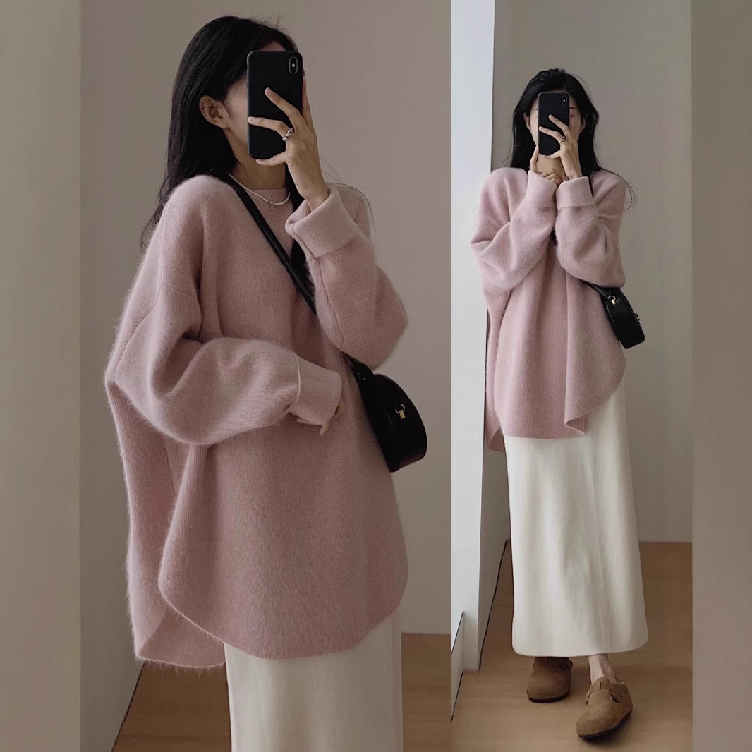 Korean Style Loose Butt-Covering Lazy Style Knitwear Mid-Length Autumn and Winter Round Neck Pullover Hem Slit Knitwear for Women