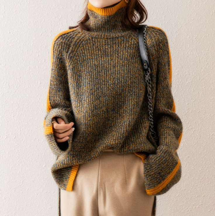 Women's Thickened Turtleneck Retro Autumn and Winter Japanese Style New Loose Outer Wear Contrast Color Knitted Sweater
