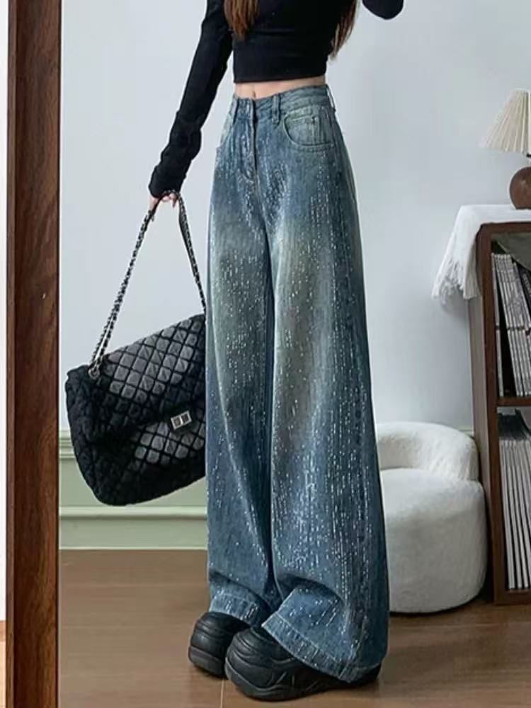 Loose-Fitting Jeans with Heavy Rhinestone Design, 2026 Spring New High-Waisted Slimming Wide-Leg Floor-Length Pants