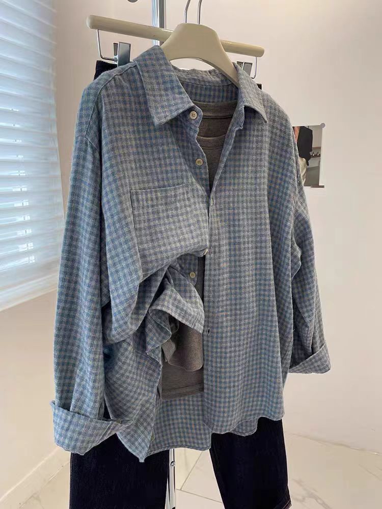 Spring and Autumn Retro Plaid Shirt ootd American Retro Atmosphere Inner Shirt Lazy Slack Top Coat