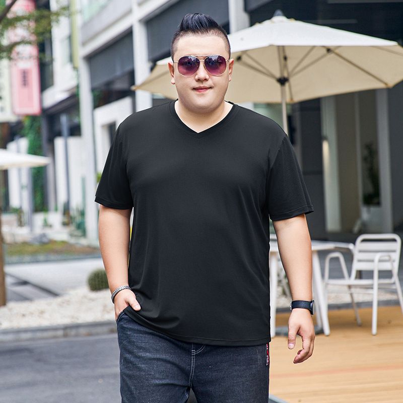 FaT Boy Ice Silk Thin ShorT-sleeved T-shirT V-neck Summer Men's Half-sleeved Loose Plus Size Pure Color Top FaT Person FaT BroTher
